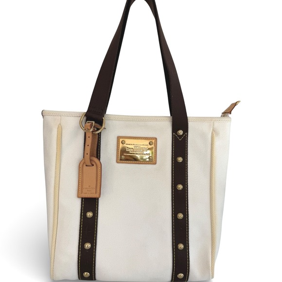 Louis Vuitton Antigua Cabas PM Sailcloth Canvas Tote Ivory Brown Leather Studded - Picture 2 of 14